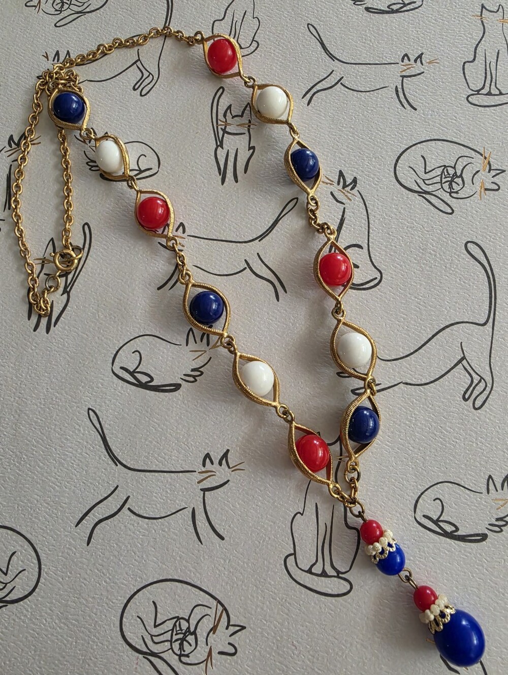 Gold-Tone Patriotic Red, White & Blue Beaded Necklace & Earring SET